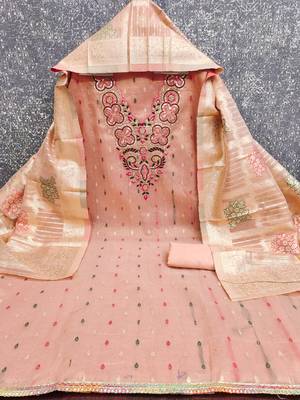 Elegant simmer butti embroidered dress material with jacquard dupatta & santoon bottom 4