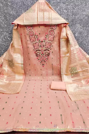 Elegant simmer butti embroidered dress material with jacquard dupatta & santoon bottom