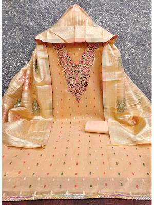Elegant simmer butti embroidered dress material with jacquard dupatta & santoon bottom 4