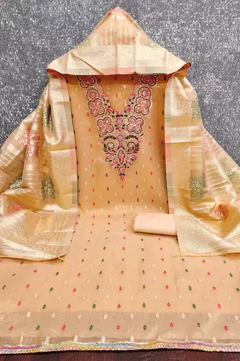 Elegant simmer butti embroidered dress material with jacquard dupatta & santoon bottom