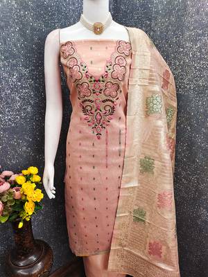 Elegant simmer butti embroidered dress material with jacquard dupatta & santoon bottom 5