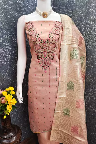 Elegant simmer butti embroidered dress material with jacquard dupatta & santoon bottom