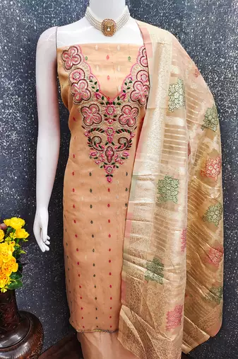 Elegant simmer butti embroidered dress material with jacquard dupatta & santoon bottom