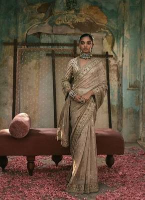 gold sequins embroidered silk saree 1