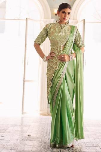Ready to wear pre drape green color rangoli silk saree with stitch blouse