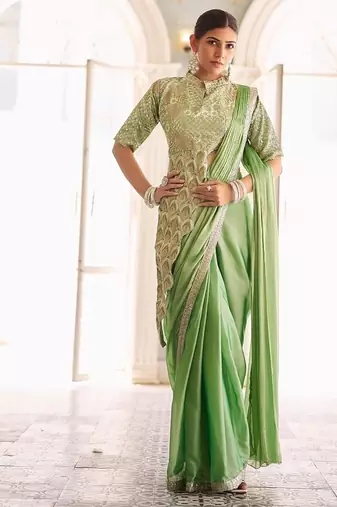Ready to wear pre drape green color rangoli silk saree with stitch blouse
