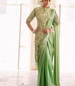 Ready to wear pre drape green color rangoli silk blend saree with stitch blouse