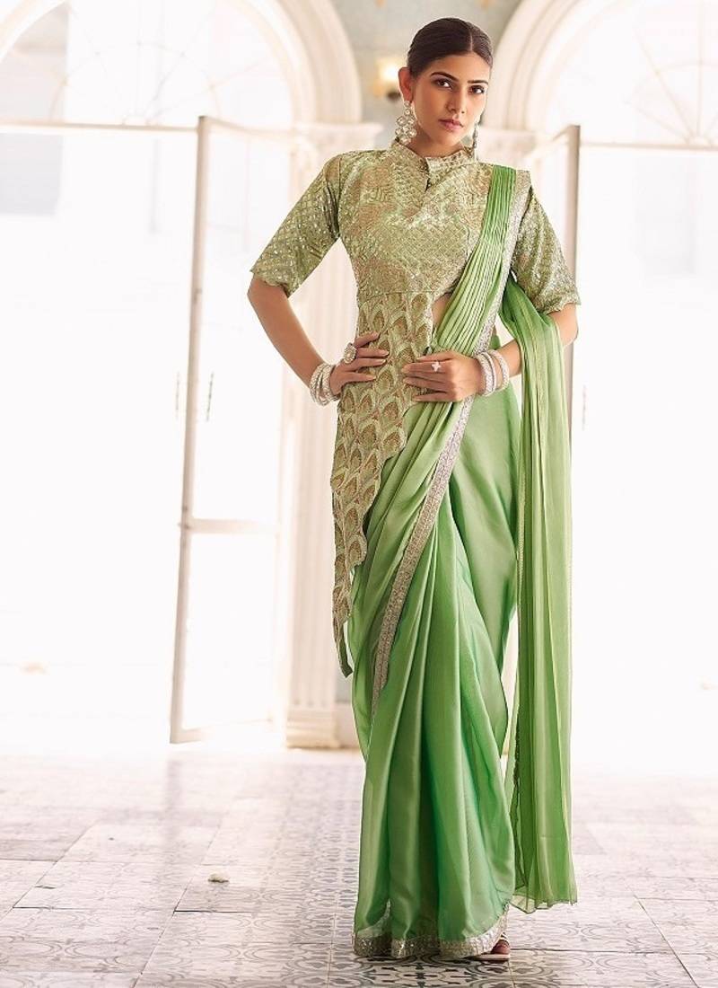 Ready to wear pre drape green color rangoli silk saree with stitch blouse
