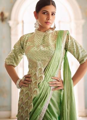 ready made pre drape green rangoli silk blend saree with stitch blouse 2