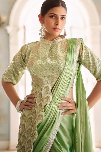 ready made pre drape green rangoli silk blend saree with stitch blouse
