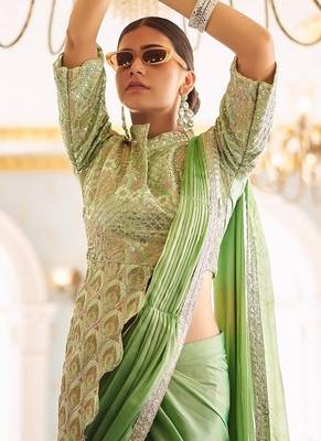 ready made pre drape green rangoli silk blend saree with stitch blouse 3