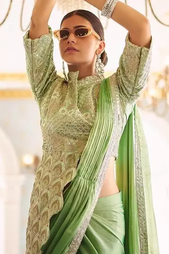 ready made pre drape green rangoli silk blend saree with stitch blouse