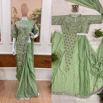 ready made pre drape green rangoli silk blend saree with stitch blouse 4