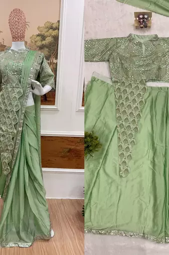 ready made pre drape green rangoli silk blend saree with stitch blouse