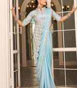Ready to wear pre drape skyblue color rangoli silk blend saree with stitch blouse