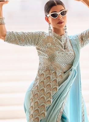 pre-stitched pre drape skyblue rangoli silk blend saree with stitch blouse 2