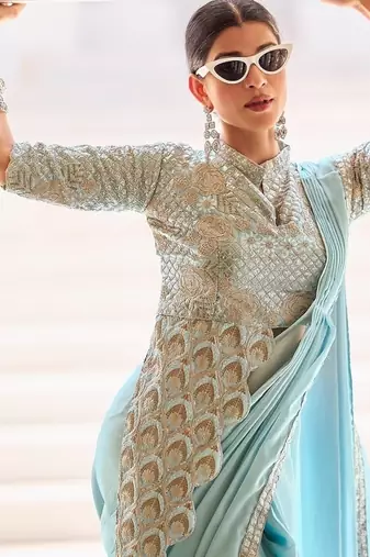 pre-stitched pre drape skyblue rangoli silk blend saree with stitch blouse