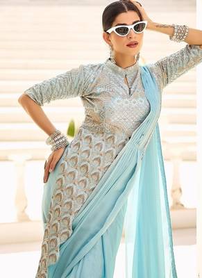 pre-stitched pre drape skyblue rangoli silk blend saree with stitch blouse 3