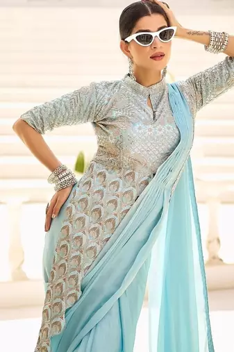pre-stitched pre drape skyblue rangoli silk blend saree with stitch blouse