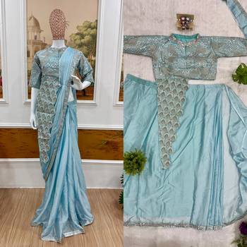pre-stitched pre drape skyblue rangoli silk blend saree with stitch blouse 4