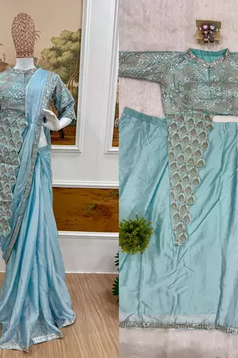pre-stitched pre drape skyblue rangoli silk blend saree with stitch blouse