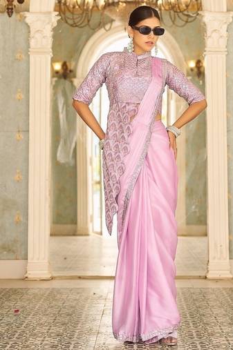 Ready to wear pre drape levender color rangoli silk saree with stitch blouse