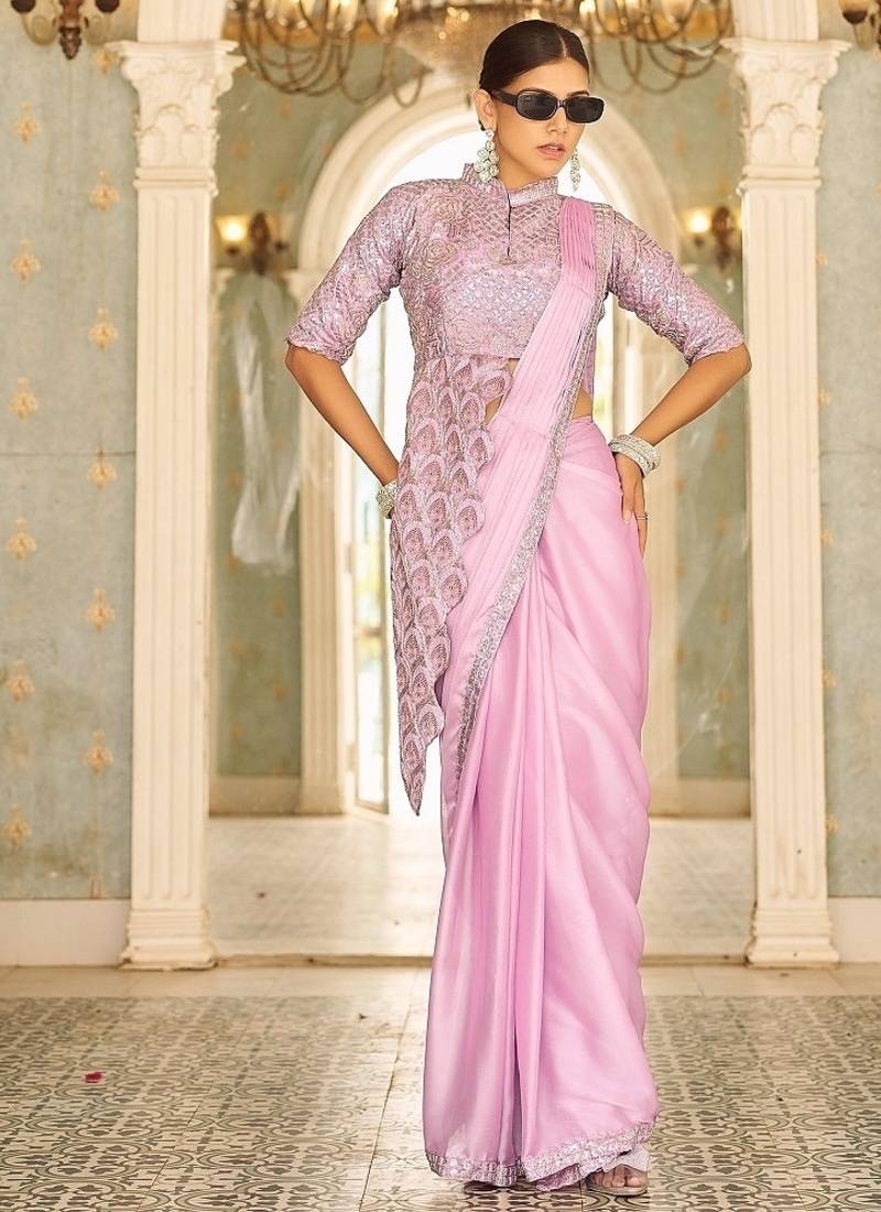 Ready to wear pre drape levender color rangoli silk saree with stitch blouse