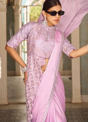 ready to wear pre drape levender rangoli silk blend saree with stitch blouse 3