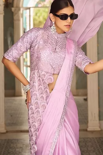 Ready to wear pre drape levender color rangoli silk saree with stitch blouse