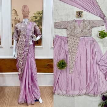 ready to wear pre drape levender rangoli silk blend saree with stitch blouse 4