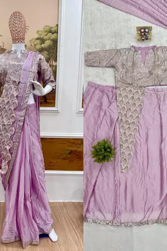Ready to wear pre drape levender color rangoli silk saree with stitch blouse