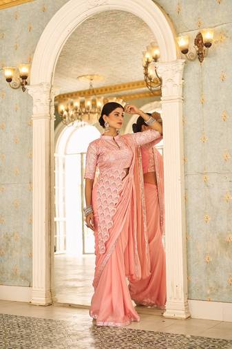 Ready to wear pre drape fenta color rangoli silk saree with stitch blouse