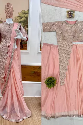 Ready to wear pre drape fenta color rangoli silk saree with stitch blouse