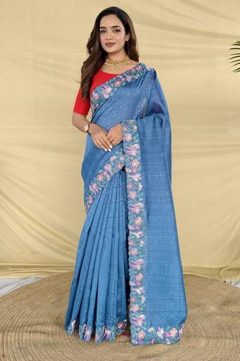 Teal tussar saree with contrast embroidery with running blouse