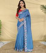 teal embroidered tussar silk saree