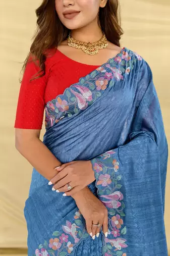teal embroidered tussar silk saree