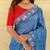 Teal tussar saree with contrast embroidery with running blouse