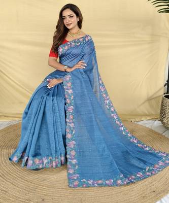 teal embroidered tussar silk saree 3
