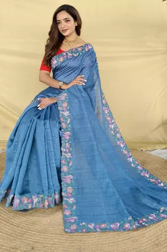 teal embroidered tussar silk saree