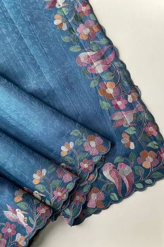 teal embroidered tussar silk saree