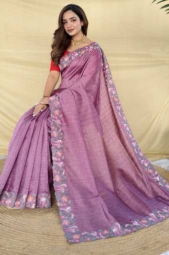 Onion pink tussar saree with contrast embroidery with running blouse