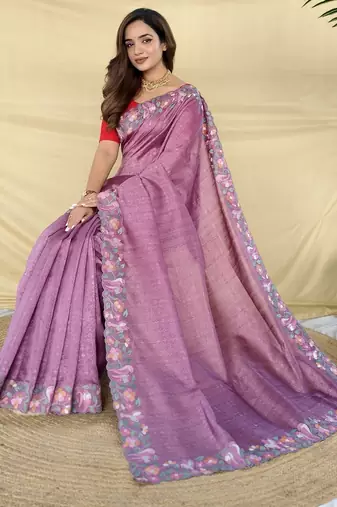 Onion pink tussar saree with contrast embroidery with running blouse
