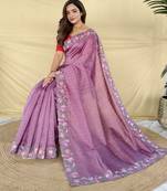 onion pink embroidered tussar silk saree