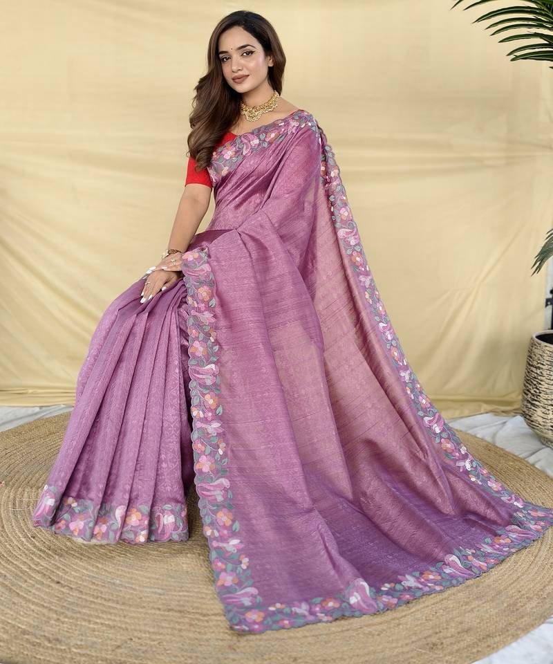 Onion pink tussar saree with contrast embroidery with running blouse