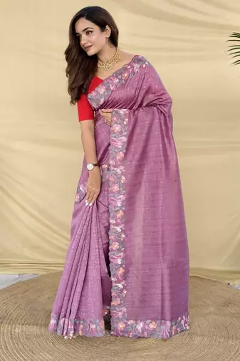 onion pink embroidered tussar silk saree
