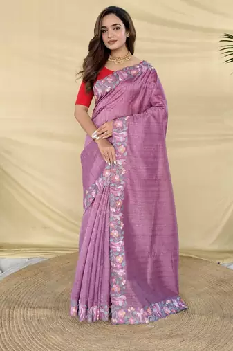onion pink embroidered tussar silk saree