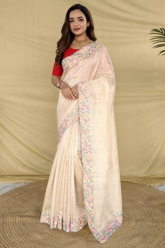 Cream tussar saree with contrast embroidery with running blouse