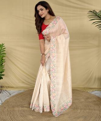cream floral embroidered tussar silk saree 2