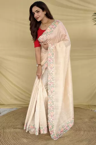 cream floral embroidered tussar silk saree