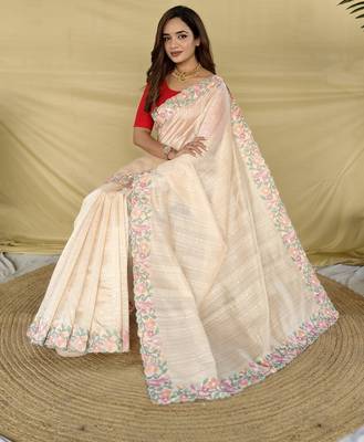cream floral embroidered tussar silk saree 3